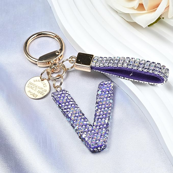 Pink Blue White Initial Letter Keychain Gift for Women Girls Bling Sparkly Cute Backpack Car Key Accessories Lanyard