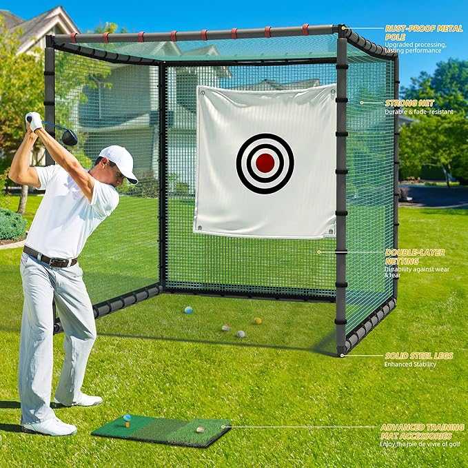 Golf Cage with Steel Freame, 7x7x7ft Golf Net with Rubber Hose, Noise Reduction for Backyard Indoor Outdoor Lawn Practice(Includes 1 Hitting Mat 6 PU Balls 1 Tee)