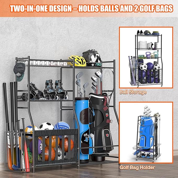 Ultrawall Golf Storage Organizer, Golf Bag Storage Stand for Garage, Golf Equipment Rack with Wheels Fits 2 Golf Bags and Golf Equipment Accessories