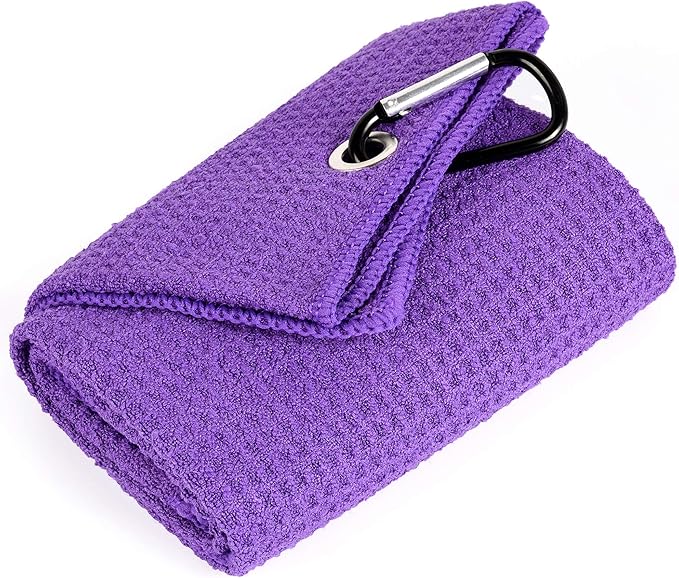 Mile High Life Tri-fold Golf Towel | 16" X 24" | Premium Microfiber Fabric | Waffle Pattern | with Heavy Duty Carabiner Clip | for Men and Women (Purple)