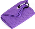 Mile High Life Microfiber Golf Towel, 21" X 24", Waffle Pattern w Clip, Super Absorbent Tri-fold Large Towels, Golf Bag Accessories for Men & Women（Purple）
