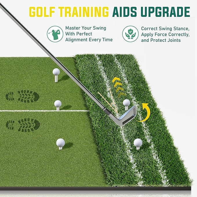 Dual Turf Golf Mat - Practice Indoor/Outdoor, 5 x 4 ft Hitting Mat with Alignment Lines, 9 Tees & Balls Accessories for Swing, Chipping, Putting