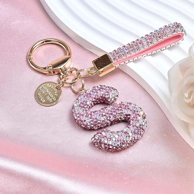 Pink Blue White Initial Letter Keychain Gift for Women Girls Bling Sparkly Cute Backpack Car Key Accessories Lanyard