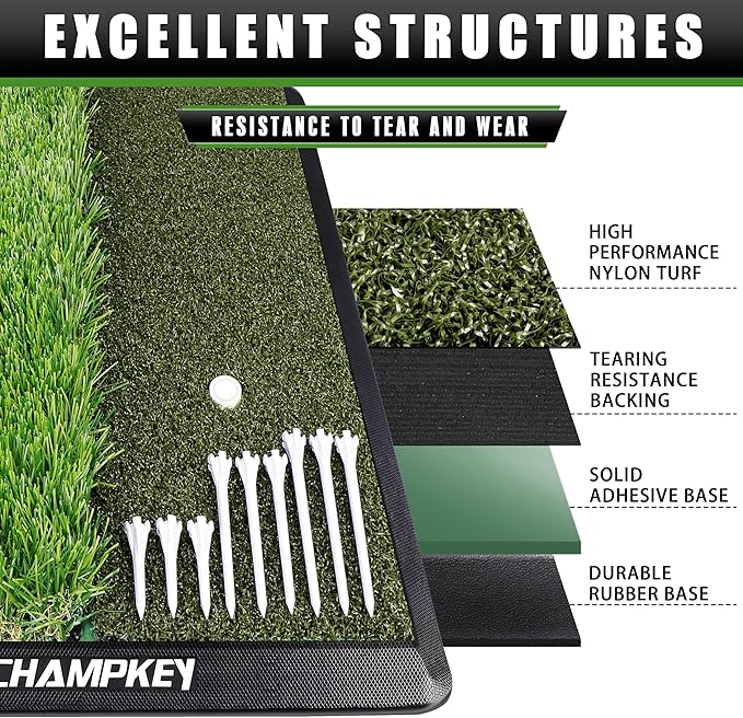 CHAMPKEY Dual-Turf Golf Hitting Mat | Come with 9 Golf Tees & 1 Rubber Tee | Heavy Duty Rubber Backing Golf Practice Mat Ideal for Indoor & Outdoor Training