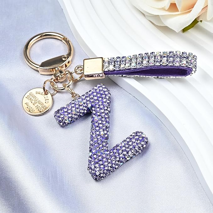 Pink Blue White Initial Letter Keychain Gift for Women Girls Bling Sparkly Cute Backpack Car Key Accessories Lanyard