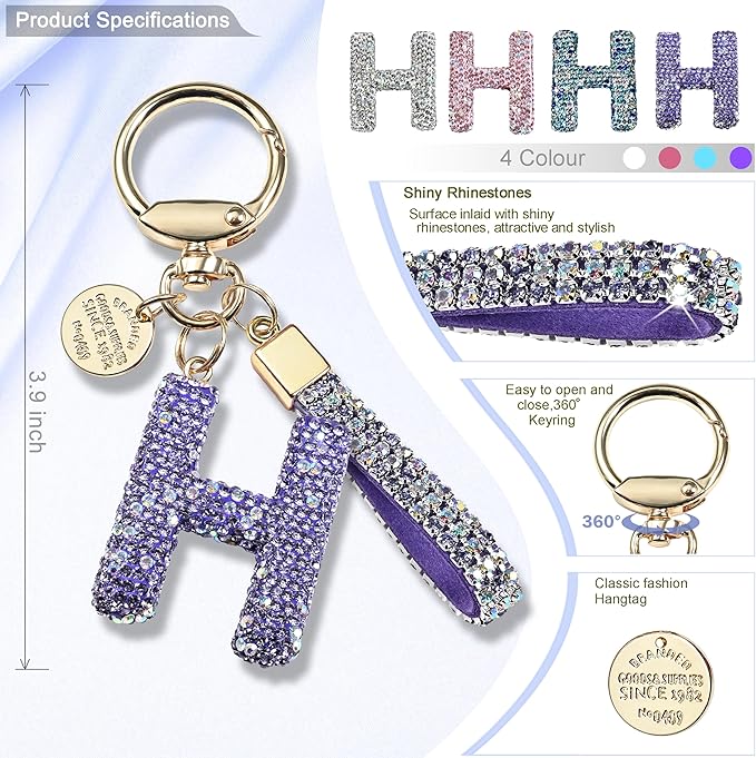 Pink Blue White Initial Letter Keychain Gift for Women Girls Bling Sparkly Cute Backpack Car Key Accessories Lanyard