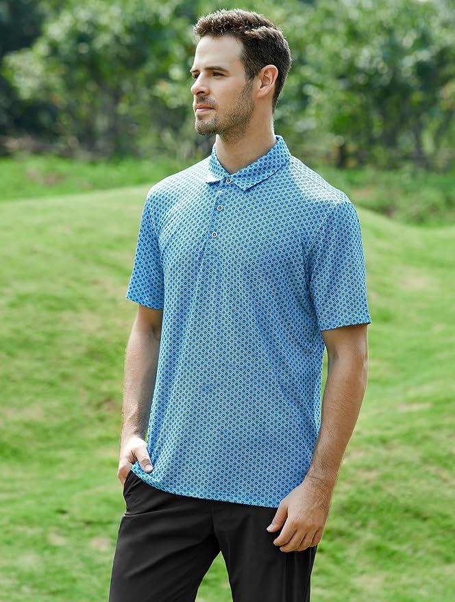 Esabel.C Golf Shirts for Men Dry Fit Performance Short Sleeve Print Moisture Wicking Collared Shirt
