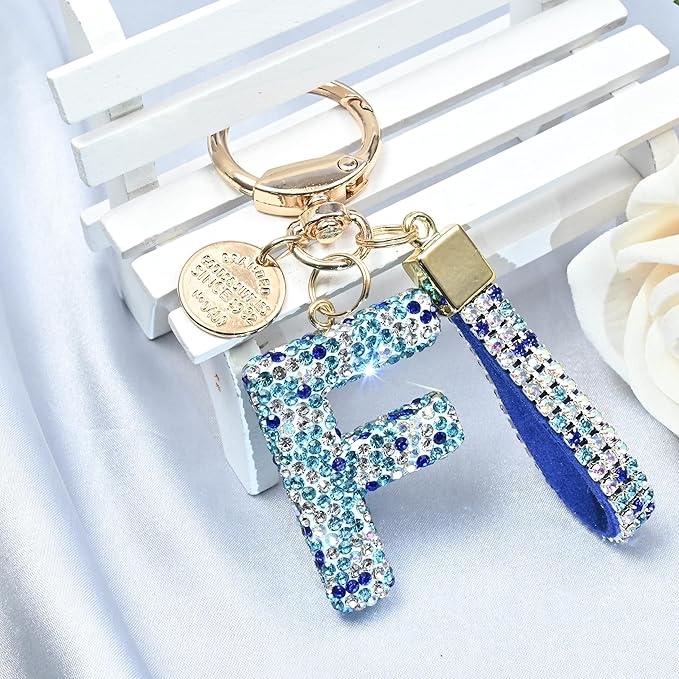 Pink Blue White Initial Letter Keychain Gift for Women Girls Bling Sparkly Cute Backpack Car Key Accessories Lanyard