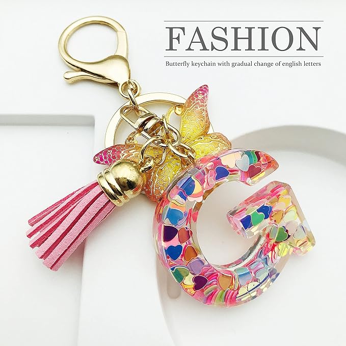 JINGUAZI Initial letter Keychains for Women Tassel Butterfly Pink Purple Cute Car Keychain for Wallet Backpack bag charm