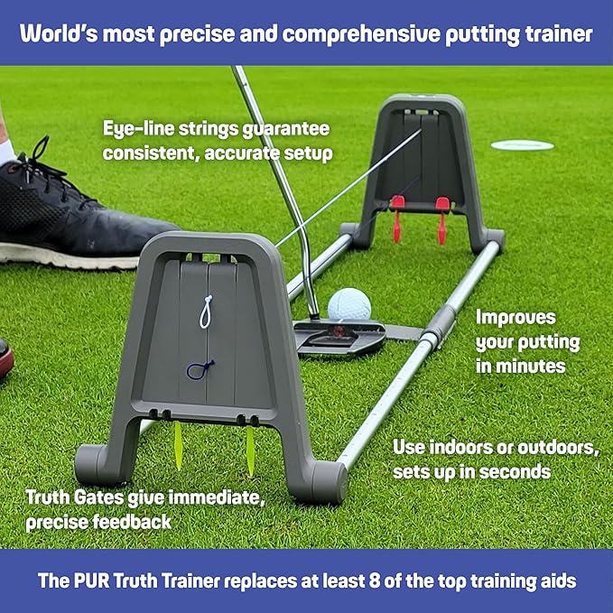 Golf Putting Trainer: Pur Truth Replaces 8 Most Used Golf Putting Aids - Premium Mastery System - Perfect Eyeline Accuracy, Stroke Path, Length and Arc. Precise Square Face Training.