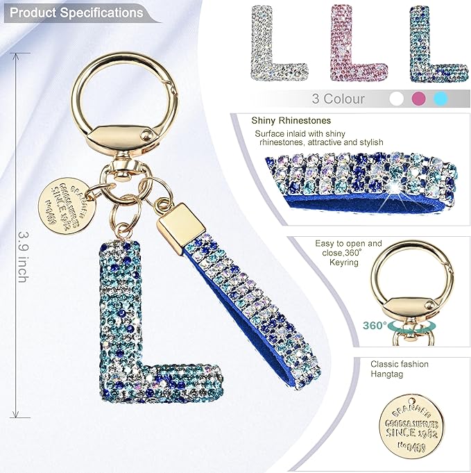 Pink Blue White Initial Letter Keychain Gift for Women Girls Bling Sparkly Cute Backpack Car Key Accessories Lanyard