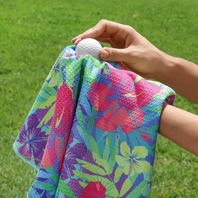 Microfiber Golf Towels for Golf Bags & Carts - Premium Weave Waffle & Ball Towels with Carabiner Clip, Essential Accessories for Men, Women and Kids, Golfer Gifts, Set of 2 (Bright Tropics)