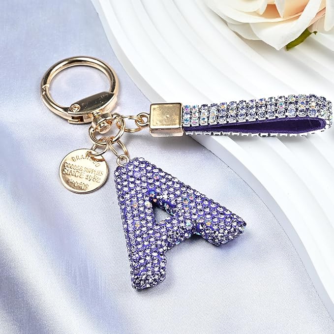 Pink Blue White Initial Letter Keychain Gift for Women Girls Bling Sparkly Cute Backpack Car Key Accessories Lanyard