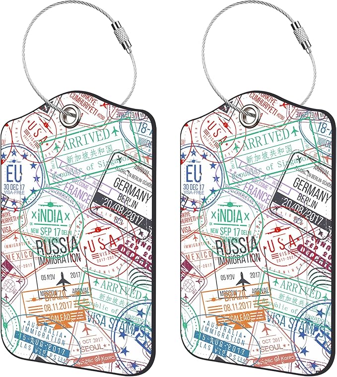 2 Pack Luggage Tags for Suitcase,Passport Visa Stamp PU Leather Luggage Tags with Privacy Cover Name Address Labels and Steel Ring,Creative Travel Accessories for Men and Women