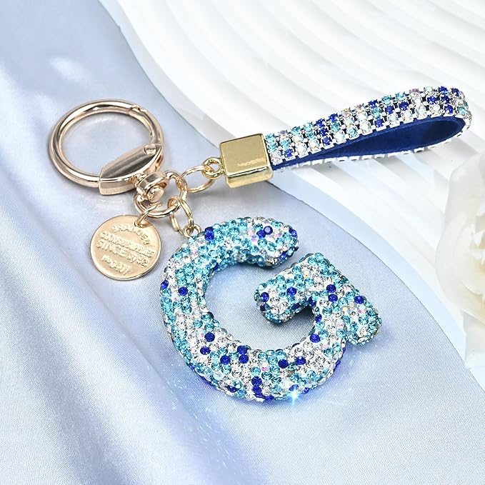 Pink Blue White Initial Letter Keychain Gift for Women Girls Bling Sparkly Cute Backpack Car Key Accessories Lanyard