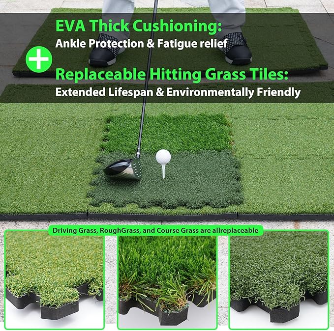 GAIARENA Golf Hitting Mat Premium Indoor & Backyard Practice Mat for Golf Simulator with Interchangeable Tri-Turf Tiles Course Driving Rough Grass 6.3'*3.8'