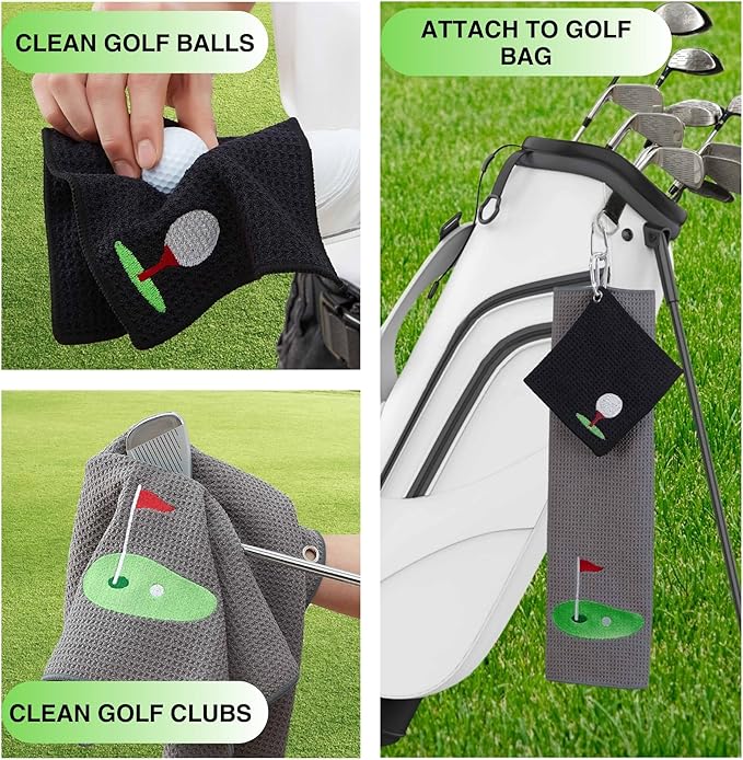Embroidered Golf Towel Set – Custom Towels for Golf Bags & Carts – Golf Accessories & Gifts for Kids, Men, & Women – Microfiber Waffle and Ball Towels – Putting Design - 2-Pack