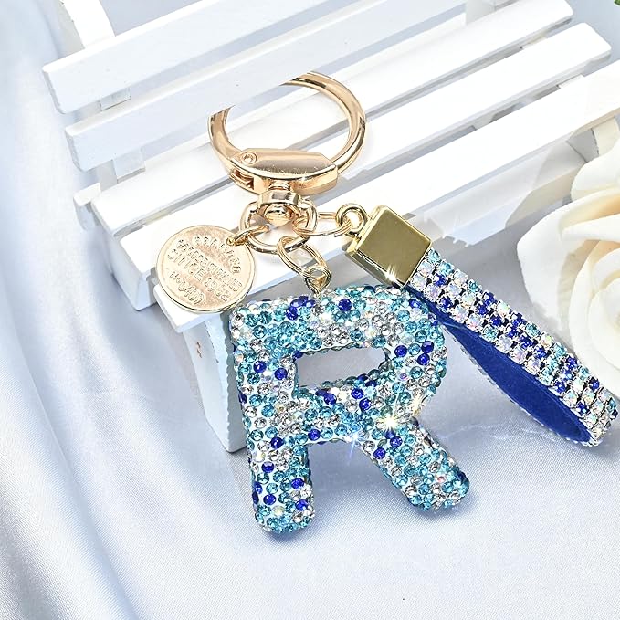 Pink Blue White Initial Letter Keychain Gift for Women Girls Bling Sparkly Cute Backpack Car Key Accessories Lanyard