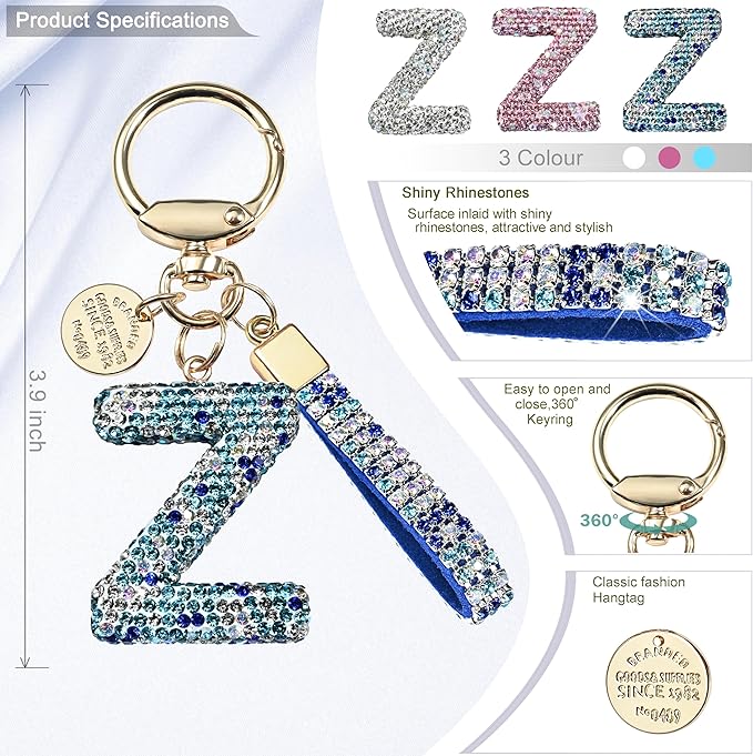 Pink Blue White Initial Letter Keychain Gift for Women Girls Bling Sparkly Cute Backpack Car Key Accessories Lanyard