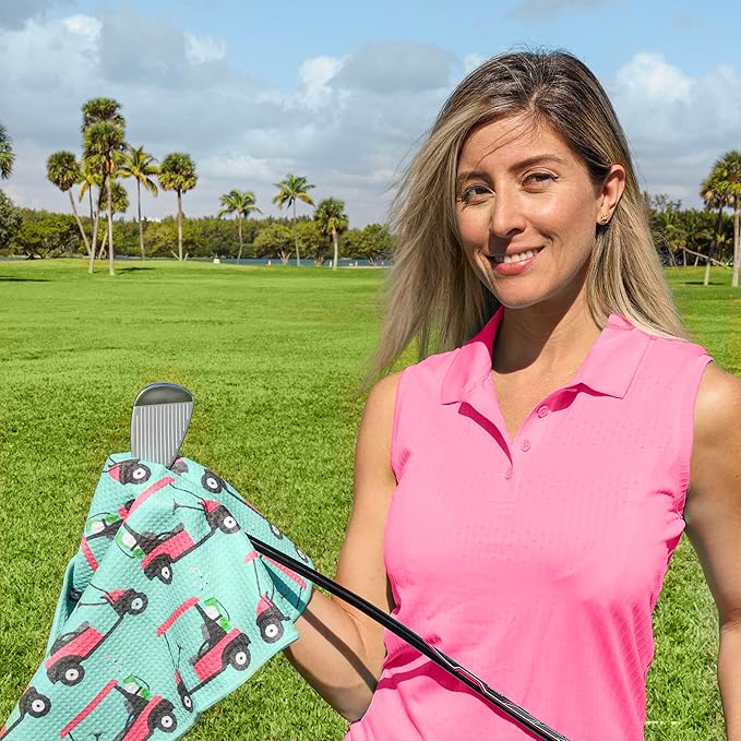 Microfiber Golf Towels for Golf Bags & Carts - Premium Weave Waffle & Ball Towels with Carabiner Clip, Essential Accessories for Men, Women, and Kids, Golfer Gifts, Set of 2 (Golf Cart)