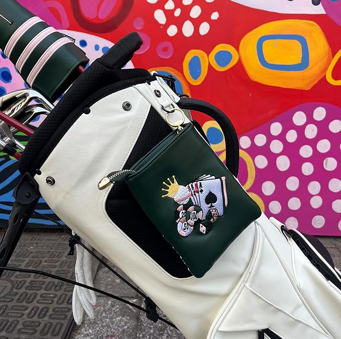 PINKTEE Golf Valuables Pouch Funny Golf Accessories Bag with Zipper Master Green Premiun Leather Golf Tee/Ball Pouch for Women Men (CASINO QUEEN, Pink stripe)