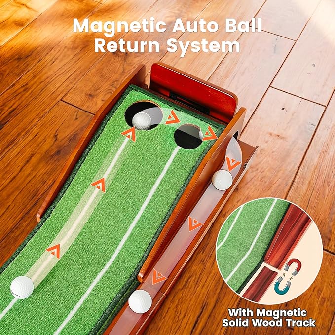 Putting Green Indoor with Three-Level Adjustable Incline, Auto Ball Return - Easy to Fold Solid Wood Base, Golf Training Aid for Home, Office, Backyard - Golf Putting Mat for Men
