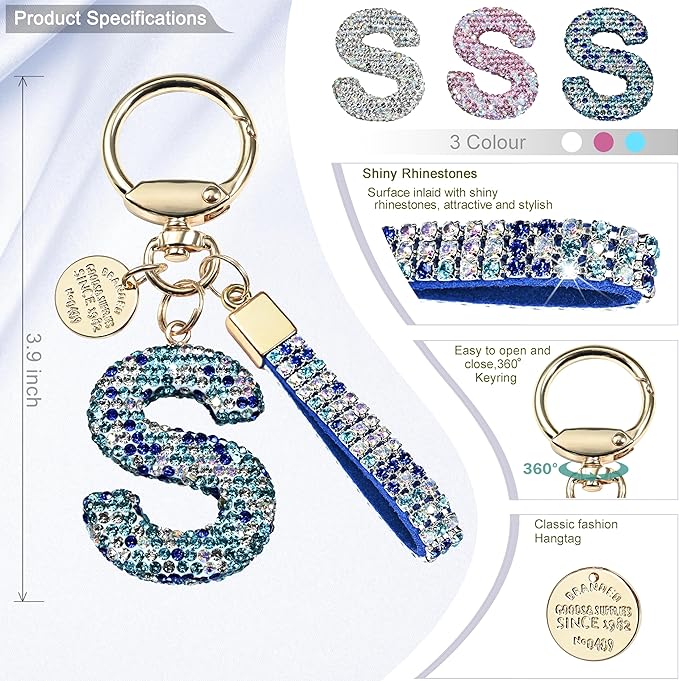 Pink Blue White Initial Letter Keychain Gift for Women Girls Bling Sparkly Cute Backpack Car Key Accessories Lanyard