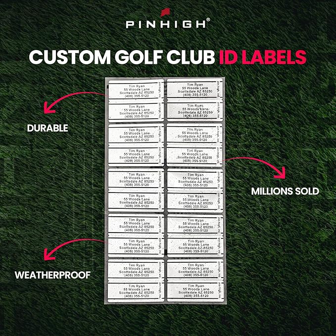 PIN HIGH Personalized Golf Club ID Labels | Weatherproof, Fade Resistant, Laminated Thermal Transfer Labels, Made in The USA, (Free Customization & Shipping), Set of 40, Gold