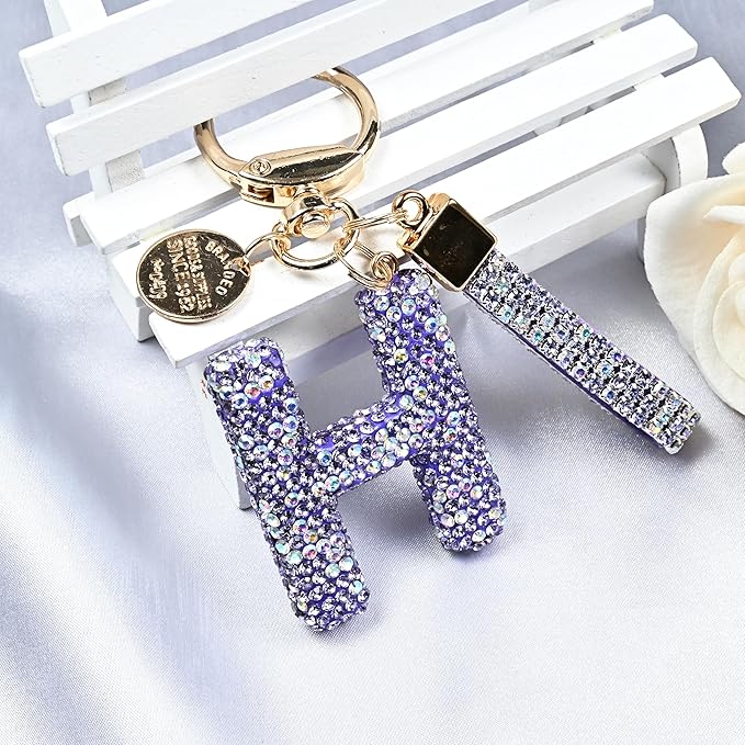 Pink Blue White Initial Letter Keychain Gift for Women Girls Bling Sparkly Cute Backpack Car Key Accessories Lanyard