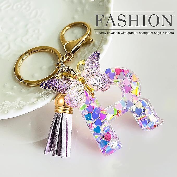 JINGUAZI Initial letter Keychains for Women Tassel Butterfly Pink Purple Cute Car Keychain for Wallet Backpack bag charm