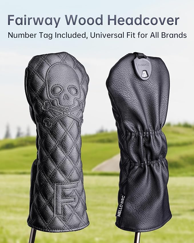 Golf Club Covers – Driver Headcover, Black Skull Leather, Fairway Wood & Hybrid, 3 Wood Headcover, Waterproof Easy-Clean, Universal Fit