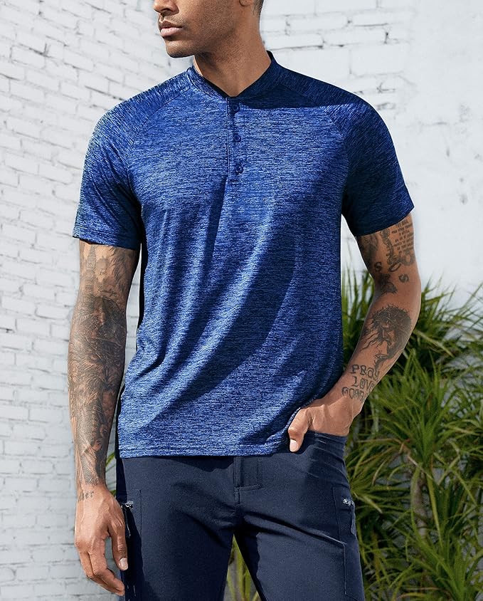 TAPULCO Mens Collarless Golf Shirts Short Sleeve Dry Fit Stretch Casual Breathable Lightweight Tshirts
