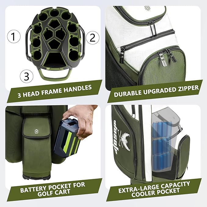 14 Way Full-Length Divider Top Men Golf Cart Bag, Fixed Slots Clubs Organized Premium Oxford Cloth Women 13 Pockets Black Blue Green Golf Bag with 3 Handles Cooler Rain Cover