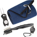 Mile High Life Microfiber Waffle Pattern Golf Towel | Club Groove Cleaner Brush | Foldable Divot Tool with Magnetic Ball Marker (Navy Towel/Brush/Fish Divot)