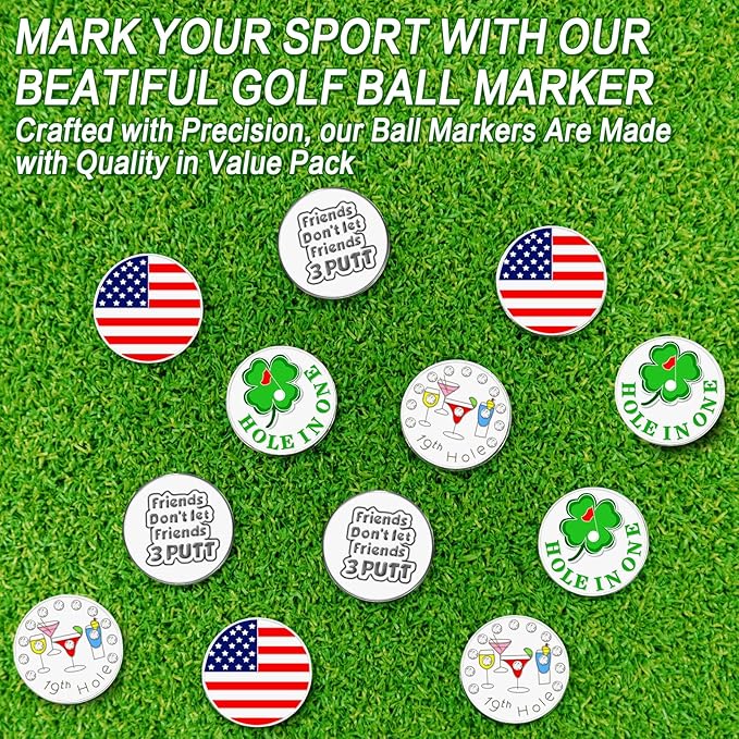 FINGER TEN Golf Ball Marker with Hat Clip Markers Assorted Patterns Value Gift Set Mark Golf Divot Tool Accessories for Men Women Kids