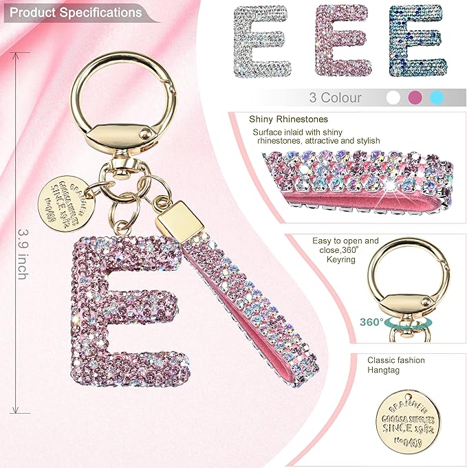 Pink Blue White Initial Letter Keychain Gift for Women Girls Bling Sparkly Cute Backpack Car Key Accessories Lanyard