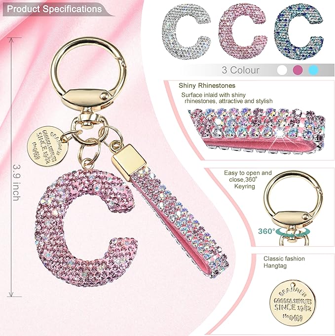 Pink Blue White Initial Letter Keychain Gift for Women Girls Bling Sparkly Cute Backpack Car Key Accessories Lanyard