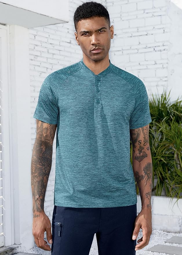TAPULCO Mens Collarless Golf Shirts Short Sleeve Dry Fit Stretch Casual Breathable Lightweight Tshirts
