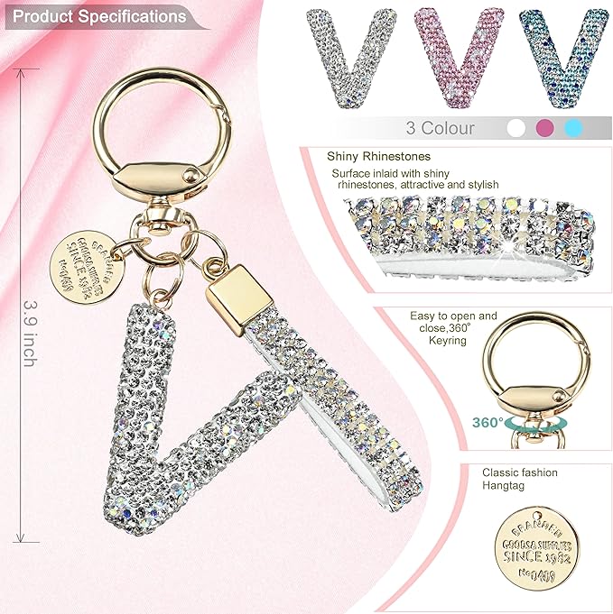 Pink Blue White Initial Letter Keychain Gift for Women Girls Bling Sparkly Cute Backpack Car Key Accessories Lanyard