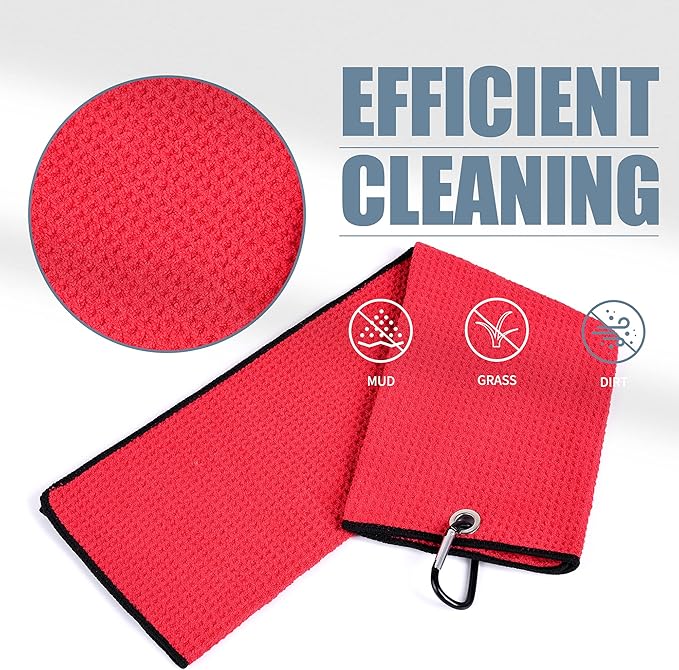 Mile High Life Tri-fold Golf Towel | 16" X 24" | Premium Microfiber Fabric | Waffle Pattern | with Heavy Duty Carabiner Clip | for Men and Women (2 Pack Red)