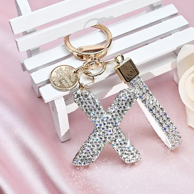 Pink Blue White Initial Letter Keychain Gift for Women Girls Bling Sparkly Cute Backpack Car Key Accessories Lanyard
