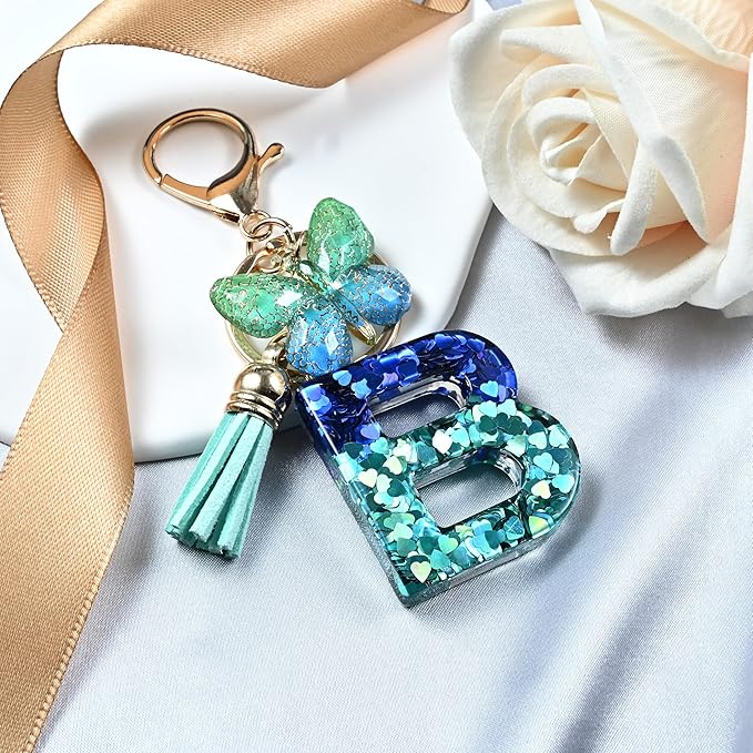 JINGUAZI Initial letter Keychains for Women Tassel Butterfly Pink Purple Cute Car Keychain for Wallet Backpack bag charm