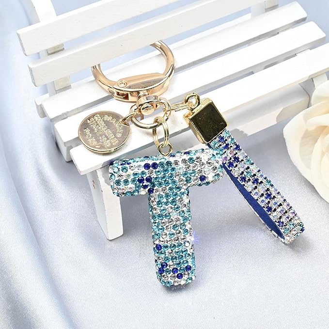 Pink Blue White Initial Letter Keychain Gift for Women Girls Bling Sparkly Cute Backpack Car Key Accessories Lanyard