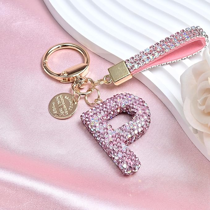 Pink Blue White Initial Letter Keychain Gift for Women Girls Bling Sparkly Cute Backpack Car Key Accessories Lanyard