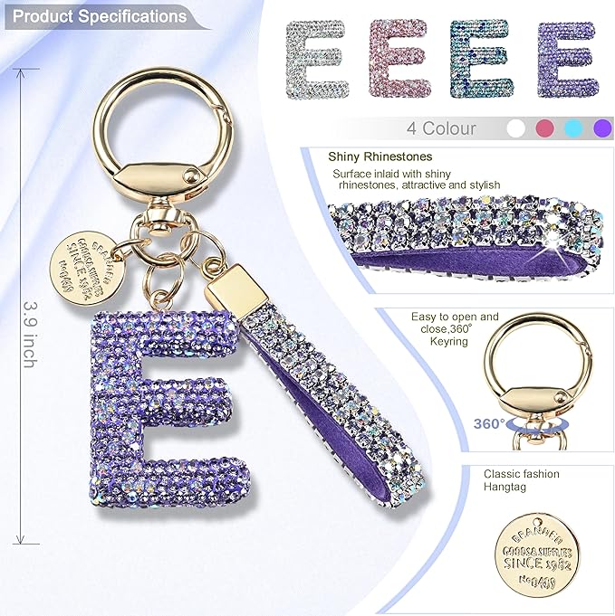 Pink Blue White Initial Letter Keychain Gift for Women Girls Bling Sparkly Cute Backpack Car Key Accessories Lanyard