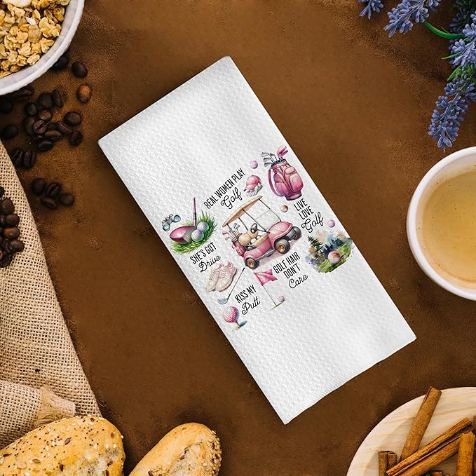 Pink Golf Kitchen Towels - Golf Gifts Decorative Waffle Dish Towels, 16x24 Inch