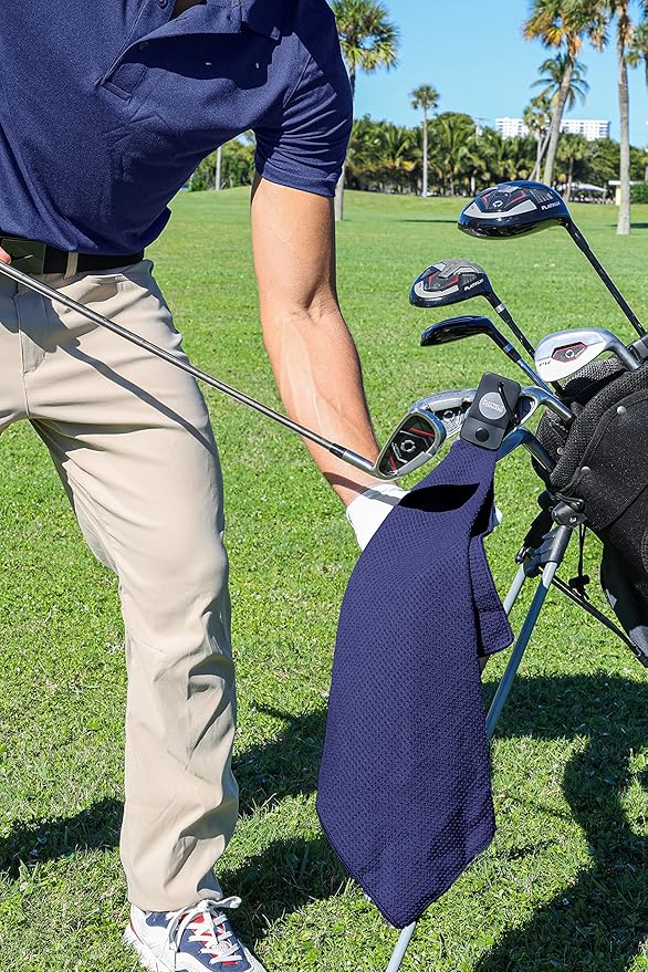 Magnetic Golf Towels for Golf Bags with Clip & Ultra Strong Magnet - Waffle Weave Microfiber Towel for Secure Hold on Bags & Carts - Ideal Club Cleaner & Accessories - Navy