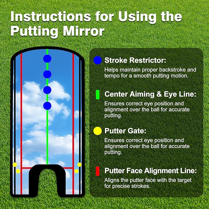 Golf Putting Mirror Training Aid with Alignment Lines - Portable Putting Practice Tool to Check Eyes, Shoulders & Putter Face - Improve Accuracy & Consistency for Beginners, Pros, Indoor & Outdoor Use