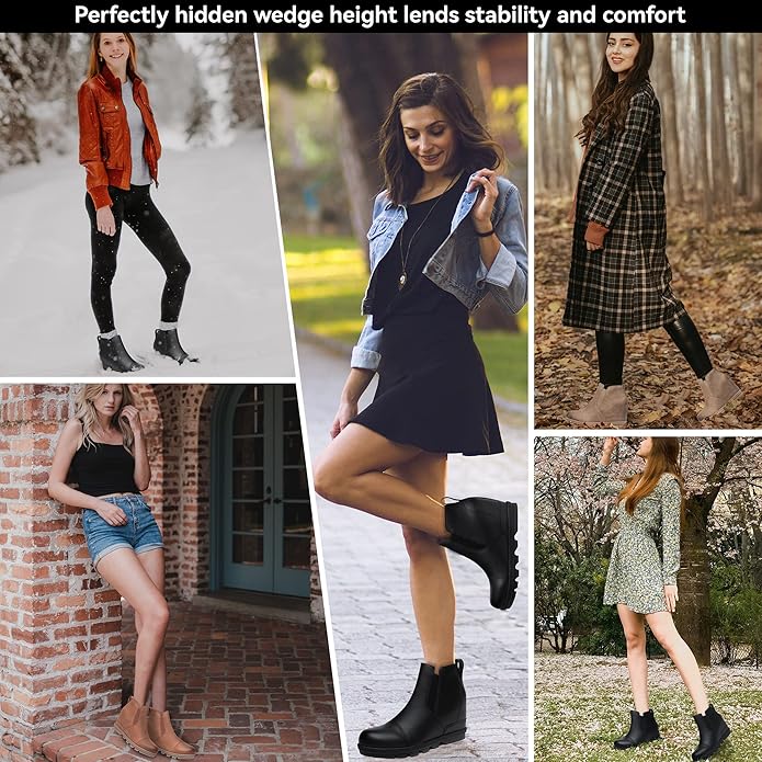 Athlefit Women's Wedge Ankle Boots Comfortable Slip On Wedge Booties