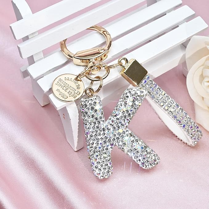 Pink Blue White Initial Letter Keychain Gift for Women Girls Bling Sparkly Cute Backpack Car Key Accessories Lanyard